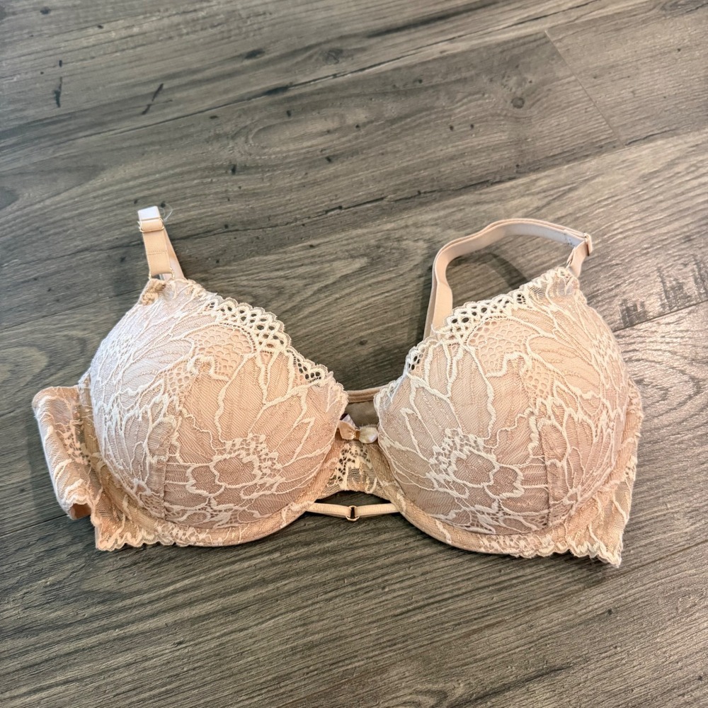 Adored by Adore Me 36C Beige Floral Lace Shimmer Push Up Underwire Bra Champagne